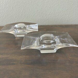 Set 2 Nambe Crystal Art Glass Tealight Candle Holders Rectangular Convex